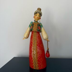 SOLD Vtg Handcrafted Russian Figurine Wooden Traditional Attire Signed By Artist